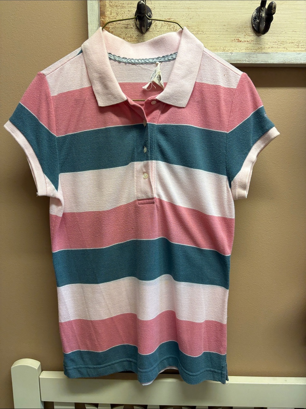 American Eagle Outfitters Pink Teal White Striped Polo Top